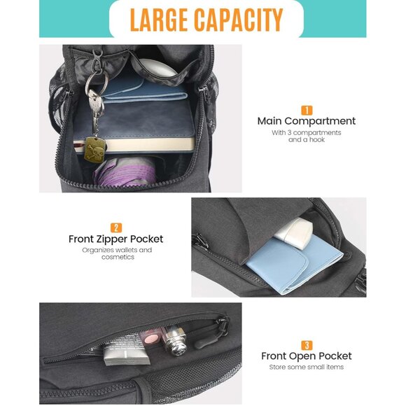 Black Waterproof Lightweight Crossbody Sling Bag for Men & Women, Travel & Hikin - Picture 4 of 7